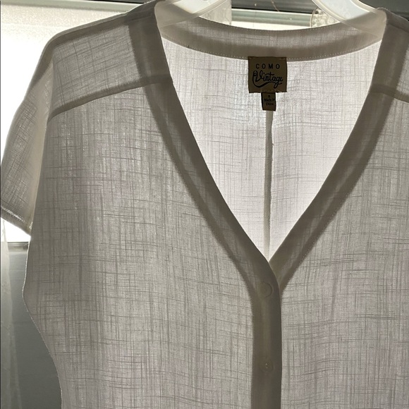 Como Vintage white summer v-neck top w/ front tie, rayon linen - Picture 3 of 9